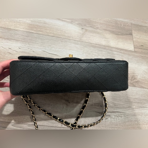 Black Caviar Leather Quilted Classic Flap Medium Shoulder Bag with Gold Accents - Picture 13 of 14